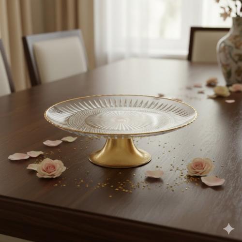 صحن تقديم زجاج مدور بقاعدة ذهبي مقاس 21 سم