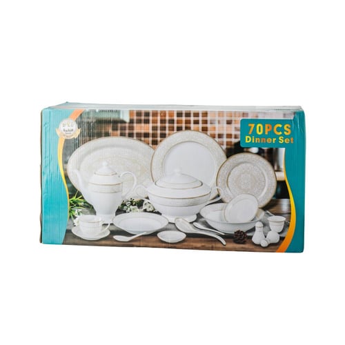 طقم عشاء بورسلان ابيض وذهبي مدور مزخرف 70 قطعة 6 ا...