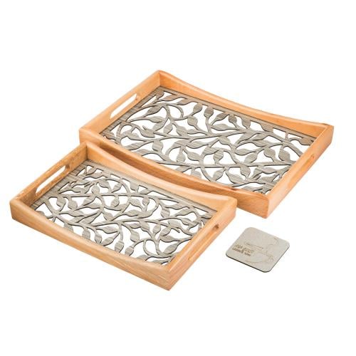 طقم صواني خشب 2 قطعة ارضية مزخرفة مع طبقة عازلة اك...