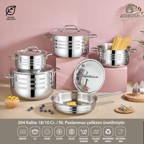 طقم قدور استيل تركي 18/10 امبوس 9 قطعة مخطط
