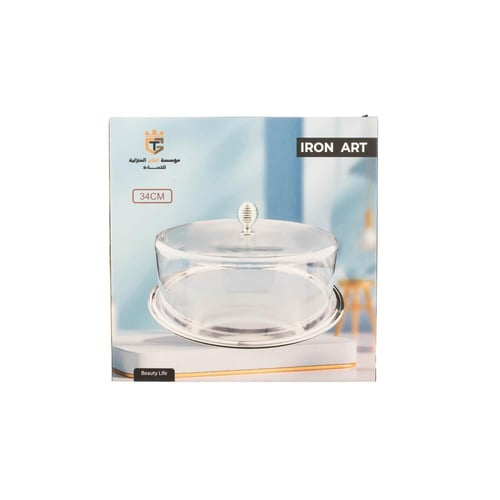 صحن كيك معدن نيكل سادة بغطاء اكرليك شفاف مدور مقاس...