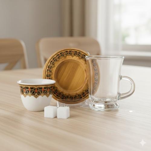 طقم فناجين شاي وقهوة 18 قطعة صحن خشب