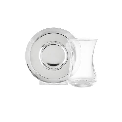 طقم كاسات شاي زجاج شفاف مع صحن معدن فضي 6 اشخاص