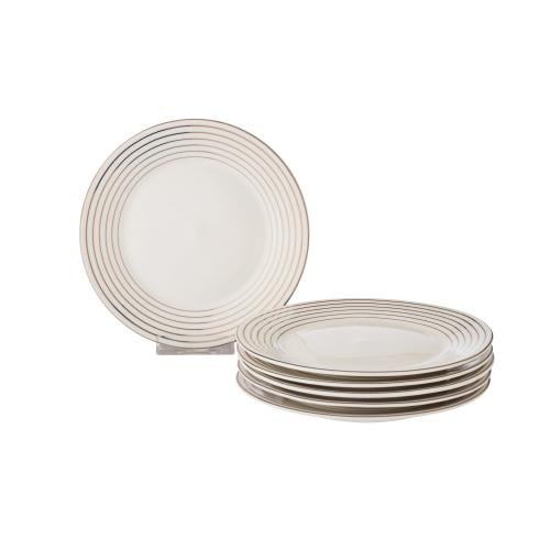 طقم صحون حلا مسطح بورسلان ابيض مدور مخطط 6 قطعة مق...