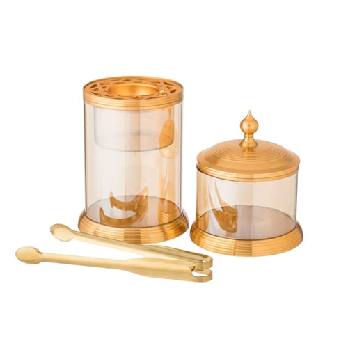 طقم مبخرة وعلب عود زجاج و معدن ذهبي مع تبسي وملقط