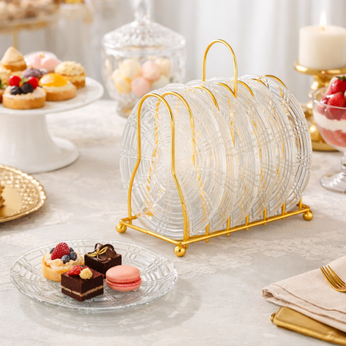طقم صحون حلا زجاج 6 قطعة مع استاند تقديم ذهبي مقاس...
