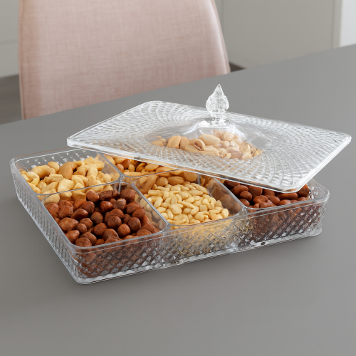 طقم تقديم مكسرات مقسم اكريلك منقوش بغطاء 6 خانات م...