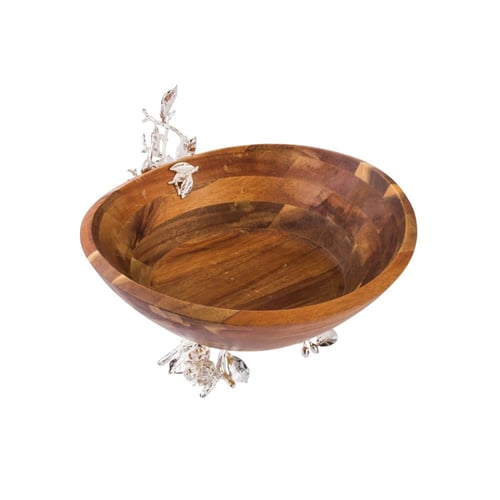 صحن حلويات خشب هندي بقاعدة معدن فضي