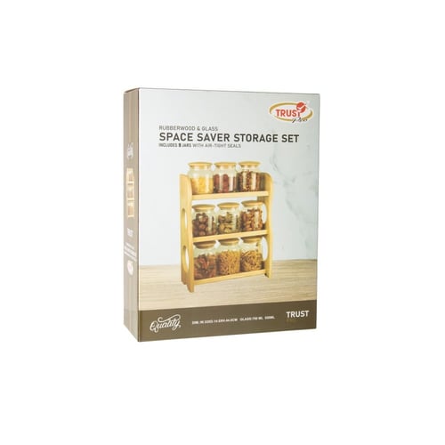 طقم علب بهارات زجاج مع استاند خشب 10 قطعة 3 دور