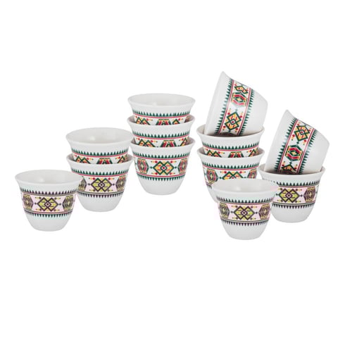 طقم فناجين قهوة سعودي بورسلان ابيض بنقشات تراثية ف...