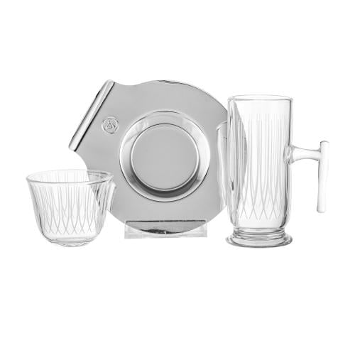 طقم فناجين شاي وقهوة زجاج مزخرف مع صحن معدن 18 قطع...