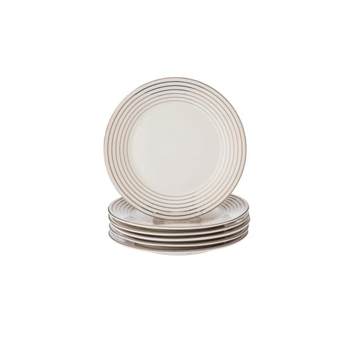 طقم صحون حلا مسطح بورسلان ابيض مدور مخطط 6 قطعة مق...