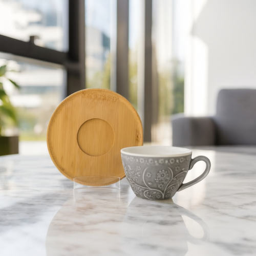 طقم فناجين قهوة تركي بورسلان فاخر رمادي منقوش بصحن...