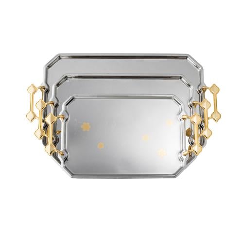 طقم صواني روشن معدن مستطيل مزخرف نيكل و ذهبي 3 قطع...