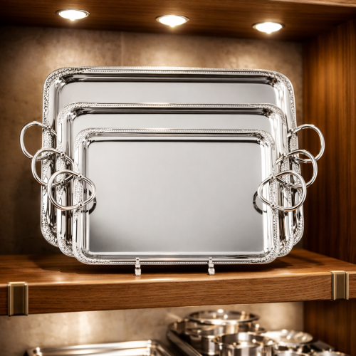 طقم صواني معدن مستطيل نيكل يد حلقات 3 قطعة