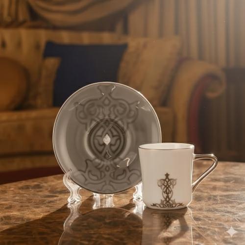 طقم قهوة تركي بورسلان ابيض وزيتي وفضي اوتانتيك 6 ا...