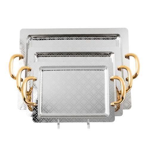 طقم صواني السيف روجين استيل منقوش وذهبي مستطيل 3 ق...