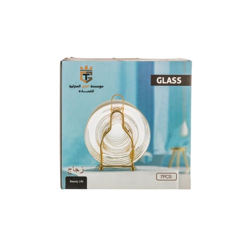 طقم صحون حلا زجاج 6 قطعة مع استاند معدن ذهبي مقاس...