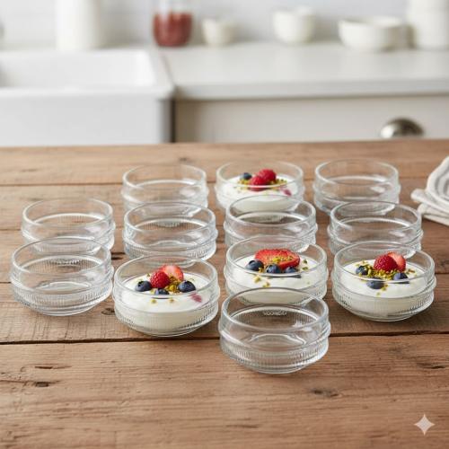 زبادي حلا زجاج مدور شفاف مزخرف مقاس 9*5 سم 12 قطعة...