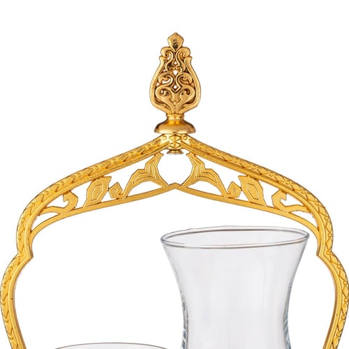 حامل معدن ذهبي مع كاسة شاي وقهوة زجاج 3 قطعة
