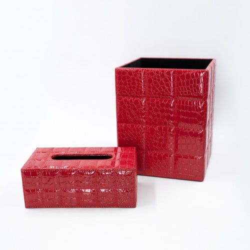 سلة وعلبة مناديل جلد احمر مربع