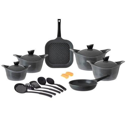 طقم قدور جرانيت لاهويا 17 قطعة رمادي