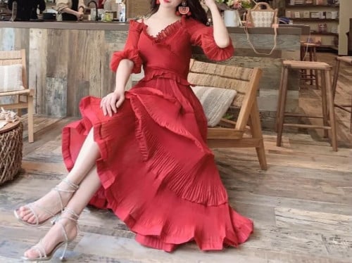 W37فستان بكسرات صغيرة