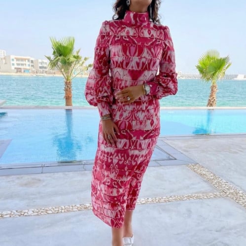 W12فستان منقوش طويل وب أكمام طويله