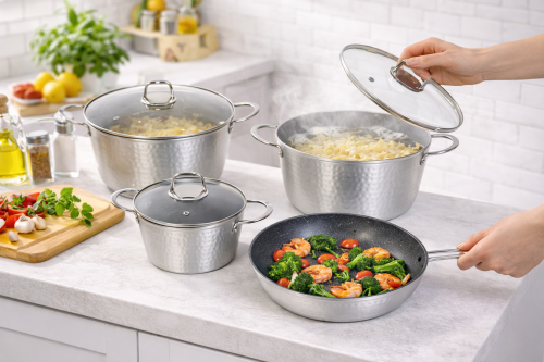 طقم قدور ألمنيوم فضى لامع مطلى من الداخل 4 قطع مقا...