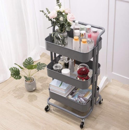 عربة تخزين معدنية مع مقابض، شبكة تخزين وعجلات قابل...