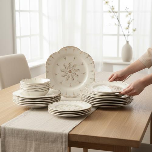 طقم سفرة بورسلان مزخرف بنقشة – 24 قطعة - مناسب 6 أ...