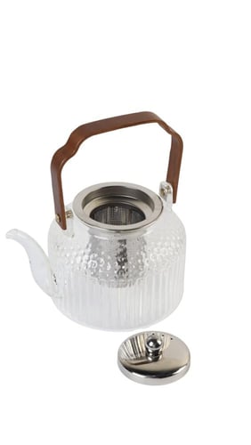 إبريق شاي زجاجي حراري مقاوم للحرارة – بمقبض خشبي أ...