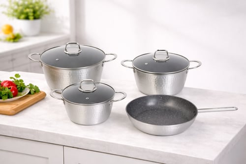 طقم قدور ألمنيوم فضى لامع مطلى من الداخل 4 قطع مقا...