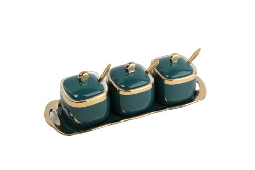 طقم سكريات وبهارات سيراميك 3 قطع لون أخضر