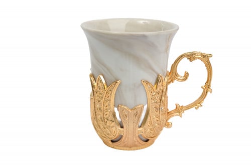 طقم بيالات شاهي مع صحن استيل - ابيض مموج ذهبي