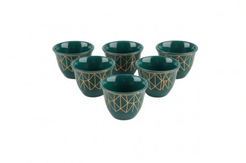 طقم فناجين قهوه عربي لون أخضر بنقش ذهبي
