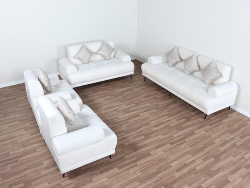 طقم كنب 10 أشخاص قماش مخمل أبيض بأرجل ستانلس ستيل