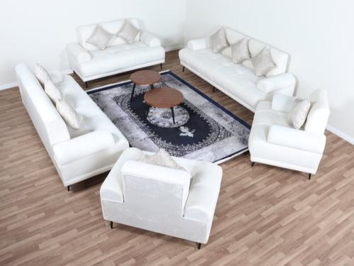 طقم كنب 10 أشخاص قماش مخمل أبيض بأرجل ستانلس ستيل