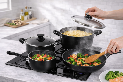 طقم أدوات طهي وقدور بسطح مانع للالتصاق وأغطية من ا...