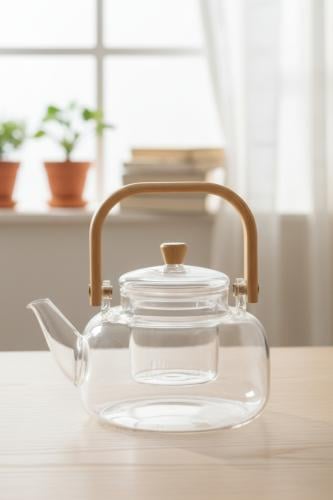 إبريق شاي زجاجي حراري بفلتر ويد خشبية – تصميم عصري...