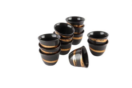 طقم فناجين برسلان اسود بنقش ذهبي حديث 12 حبة