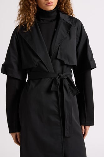 معطف بقصة واسعة بحزام للنساء أسود