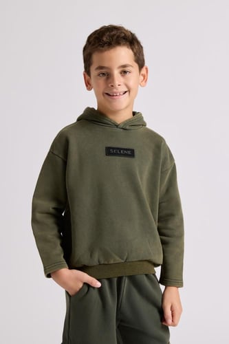 هودي بقصة واسعة Acid Wash للأطفال أخضر غامق