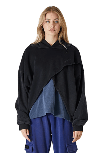 هودي بقصة واسعة Acid Wash من طبقتين للجنسين أسود +...