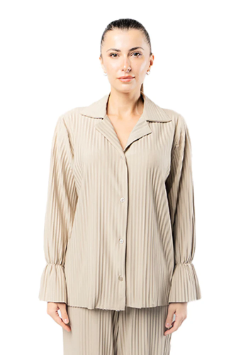 قميص نسائي بأزرار مع أربطة مطاطية عند الرسغين بيج