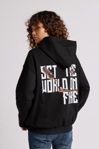 هودي بطباعة وقصة واسعة Acid Wash للجنسين أسود