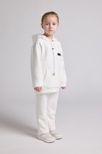 هودي أوفرسايز برباط للأطفال للجنسين - أوف وايت