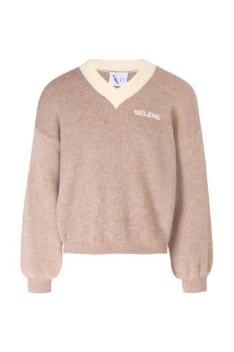 بلوفر بقصة واسعة ورقبة V للنساء بيج