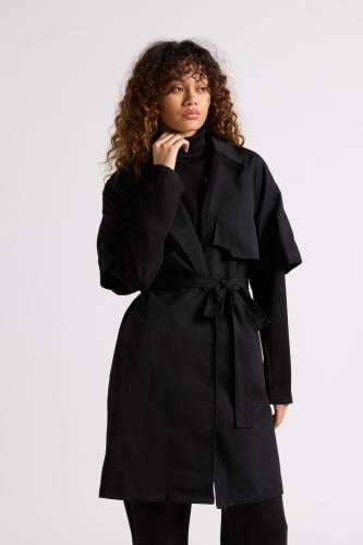 معطف بقصة واسعة بحزام للنساء أسود