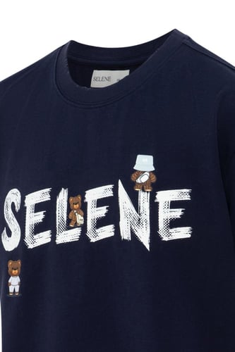 تيشيرت بقصة عادية للأطفال بشعار SELENE - أزرق داكن